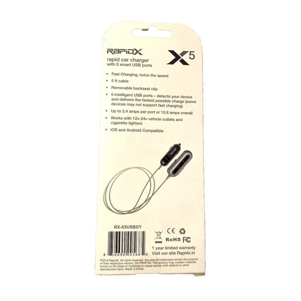 NEW rapidX front to back seat 5 smart USB ports car charger 5 FT cord X5 BLACK